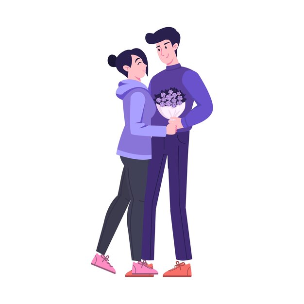 La pareja hombre o novio da un ramo de flores a la mujer o su novia y la hace feliz ilustración vectorial