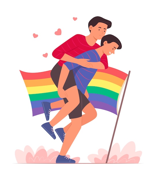 Pareja de hombres gay disfrutando con piggyback ride para la ilustración del concepto de orgullo