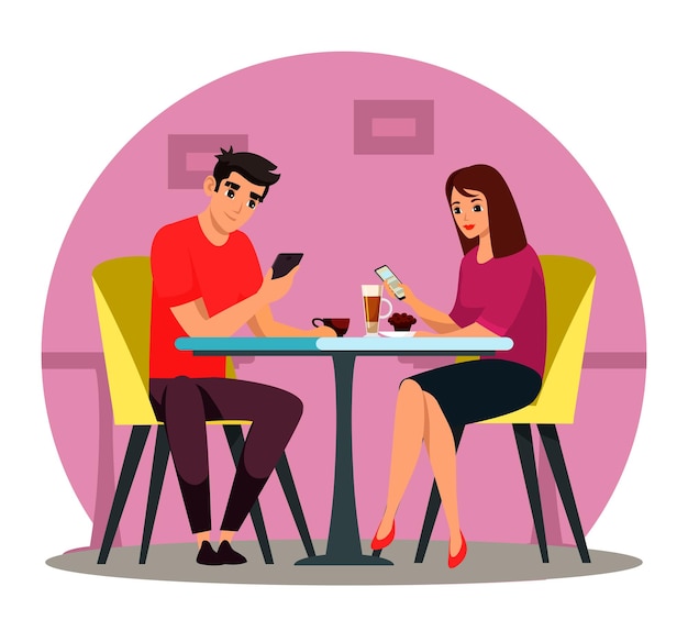 Vector pareja de hombres y mujeres que usan un dispositivo digital en el café esposa y esposo redes familiares a través de teléfonos inteligentes ignorándose mutuamente tecnología red social adicción a la comunicación en línea