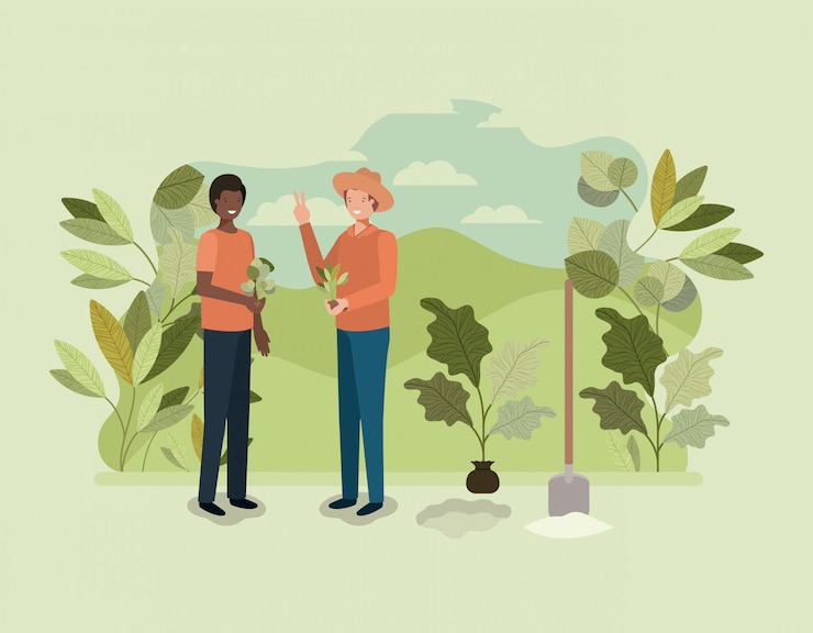 Vector pareja de hombres plantando árboles en el parque
