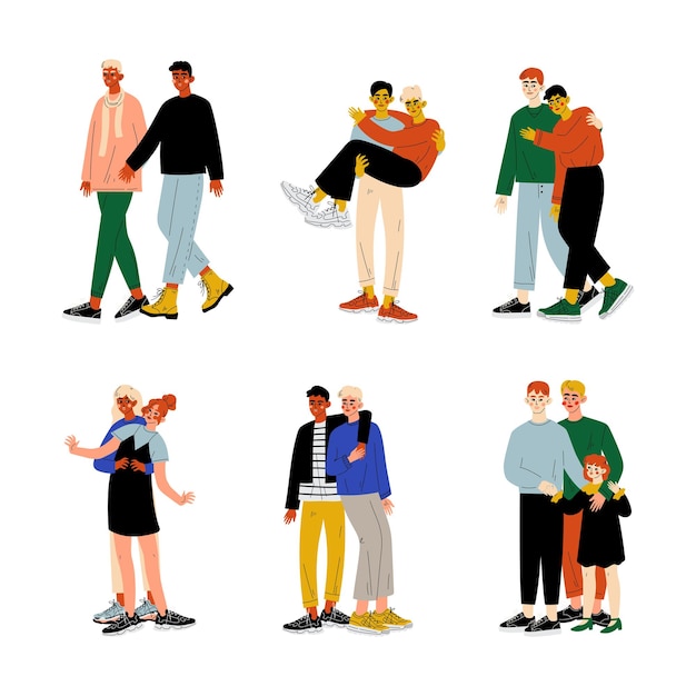Pareja homosexual abrazándose y tomándose de la mano caminando juntos Conjunto vectorial
