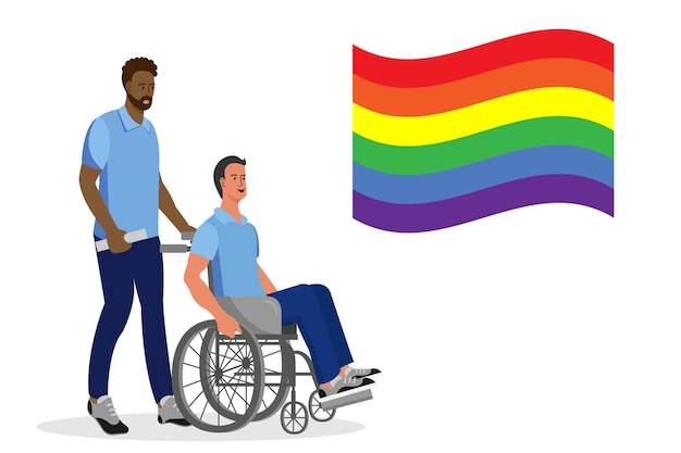 Pareja homosexual interracial de hombres uno en silla de ruedas comunidad lgbt y concepto de amor