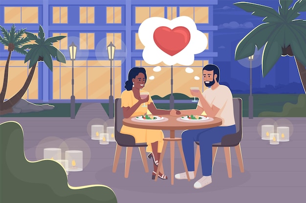 pareja, en, hotel, café, plano, color, vector, ilustración