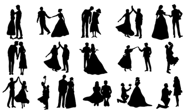 pareja ilustración de cuerpo completo boda con varios actividades elemento conjunto siluetas