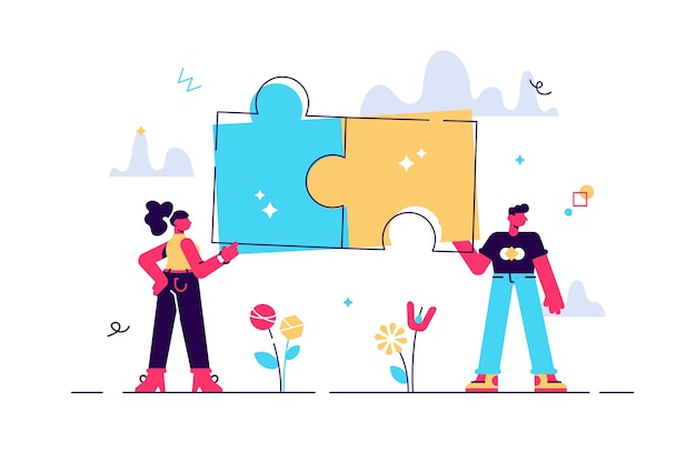 Pareja con ilustración de piezas de rompecabezas