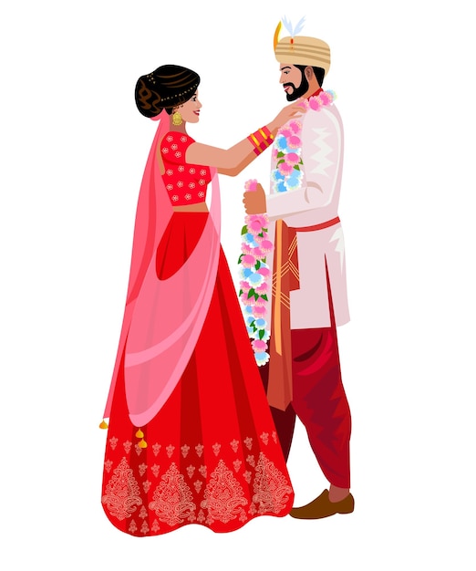 Vector pareja india en guirnaldas florales