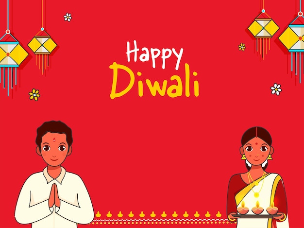 Pareja india haciendo namaste (bienvenida) y sostenga la placa de la lámpara de aceite (diya) en ocasión de la feliz celebración de diwali.