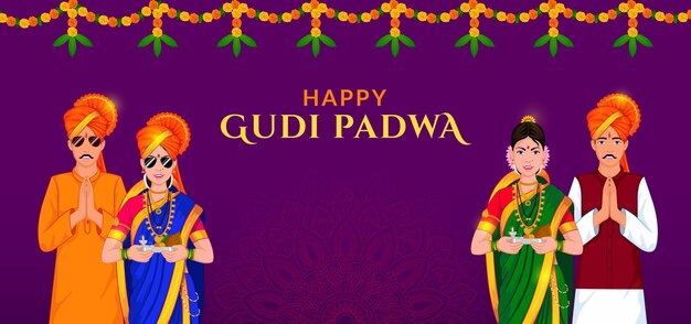 Pareja india maratha celebrando gudi padwa para el festival de año nuevo y ugadi