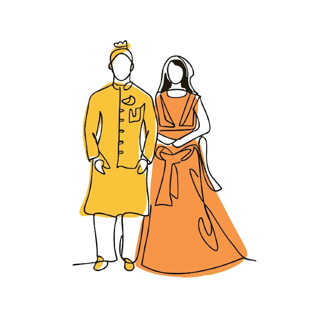 Vector una pareja india en trajes de boda amarillos mehndi