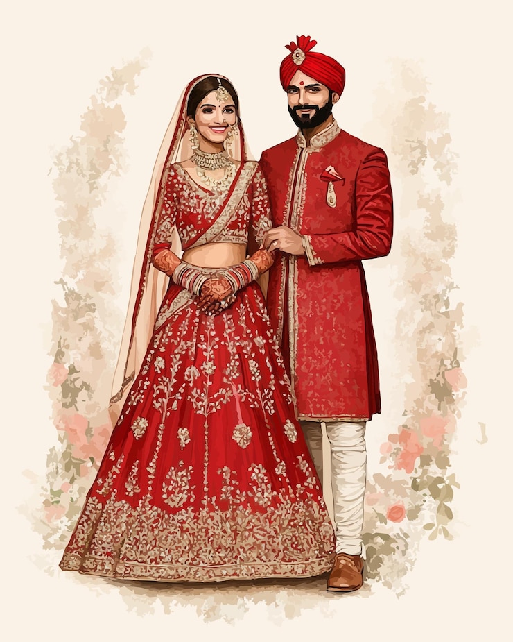 Vector una pareja india en trajes tradicionales de boda posa para una foto