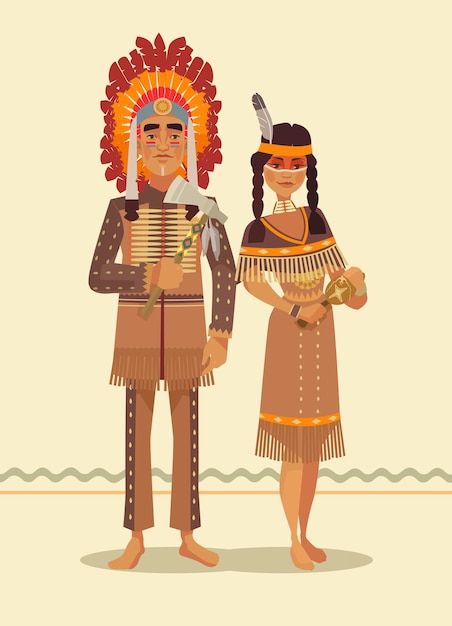 Vector pareja de indios nativos americanos. personajes de hombre y mujer.