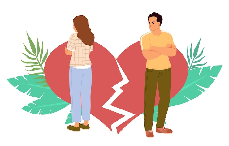 Vector una pareja infeliz con un conflicto de pie sobre un corazón roto en el fondo