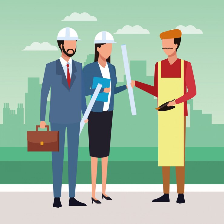 Vector pareja de ingenieros y artista de pie sobre la ciudad, ilustración vectorial
