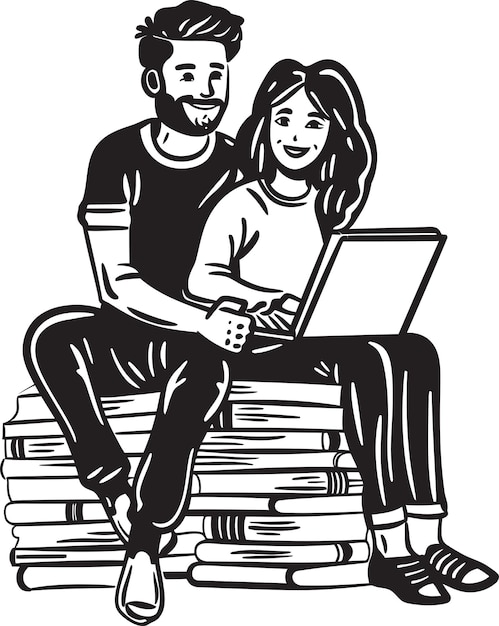 Una pareja de investigación romántica colaborando en una tarea de portátil Vector de logotipo negro Parejas codificando juntas Lap