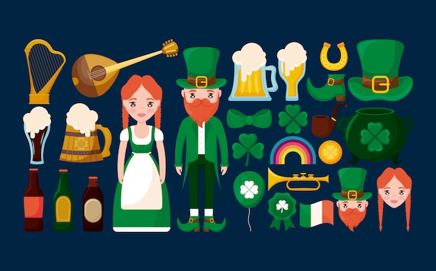 Vector pareja irlandesa con conjunto de personajes, trevol y cerveza.