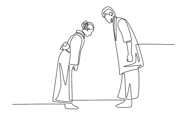 Pareja japonesa inclinándose Familias en Japón concepto dibujo en línea