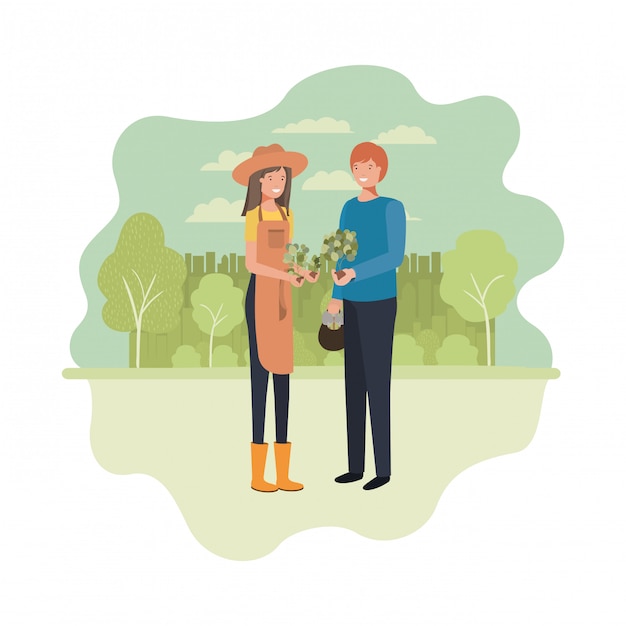 Vector pareja de jardineros con personaje de avatar de paisaje