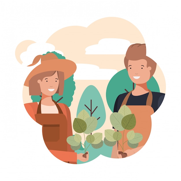 Vector pareja de jardineros con personaje de avatar de paisaje