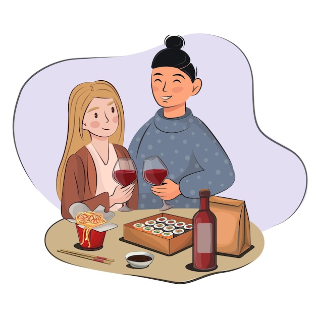 Pareja joven amigos un chico asiático y una chica eslava rubia en una reunión de cita en un café restaurante comer sushi y beber vino stock de vector plano de familia lgbt no tradicional aislado en blanco
