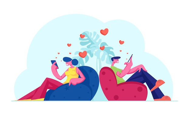 Vector pareja joven amigos o amantes que se comunican por teléfonos inteligentes, ilustración plana de dibujos animados