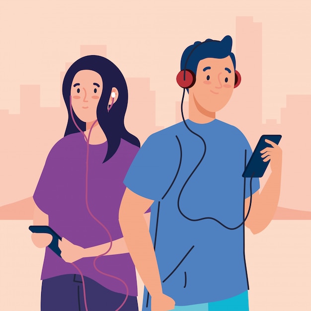 Vector pareja joven con auriculares y teléfonos inteligentes, diseño de ilustración al aire libre