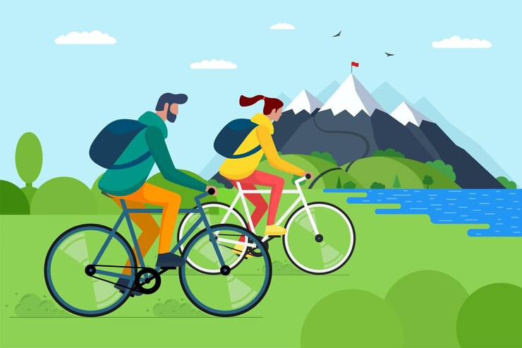 Pareja joven en bicicleta en las montañas. Ciclistas de niño y niña con mochilas en bicicleta viajan en la naturaleza. Ciclistas masculinos y femeninos recreación activa en el lago de la colina y el bosque ilustración vectorial eps