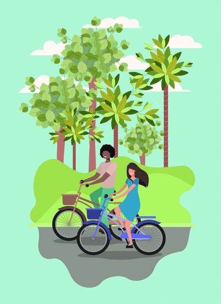 Vector pareja joven en bicicleta en el parque