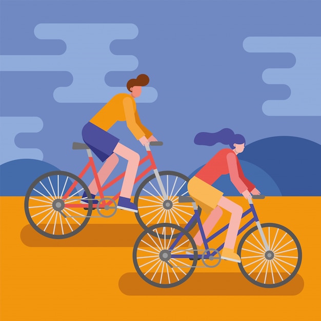 Pareja joven de bicicletas montar personajes deportivos