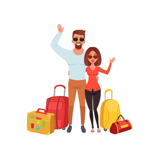 Vector una pareja joven con bolsas de viaje agitando las manos personas que viajan juntas durante las vacaciones de verano vector ilustración aislada sobre un fondo blanco