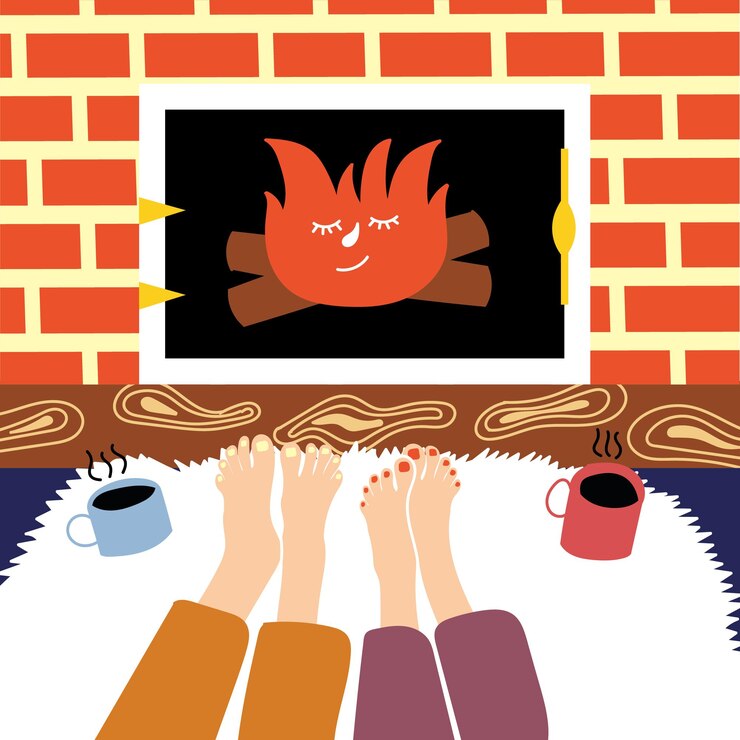 Vector pareja joven calentando sus pies chimenea gente satisfecha comodidad conceptos nórdicos