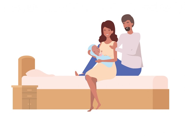 Pareja joven en la cama con un bebé recién nacido