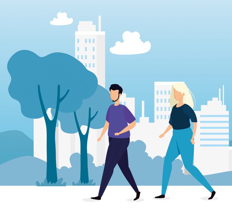 Vector pareja joven caminando con ilustración del paisaje urbano