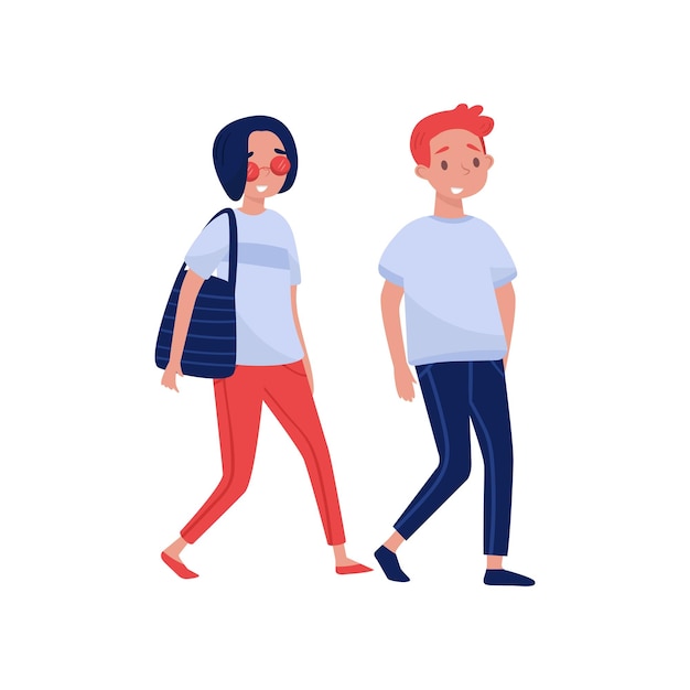 Pareja joven caminando juntos Personajes de dibujos animados Diseño de vector plano colorido