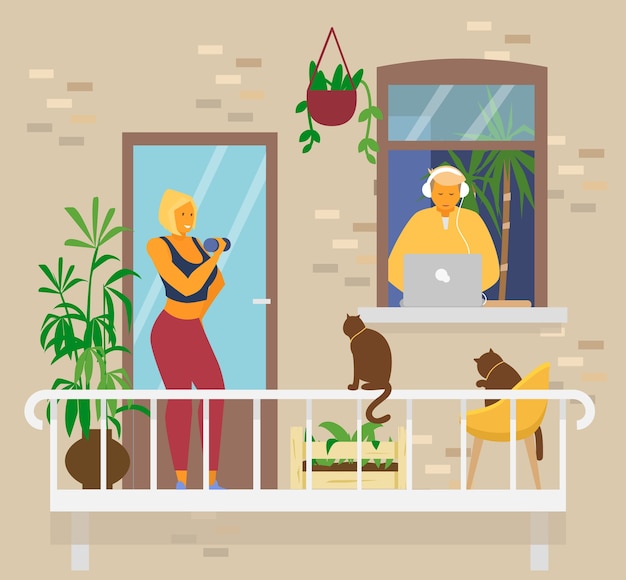 Pareja joven en casa. Mujer sonriente rubia haciendo ejercicios con pesas en el balcón con gatos y plantas. Hombre en auriculares en la ventana trabaja desde casa en la computadora portátil. Actividades caseras. Vector plano.