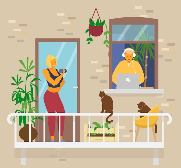 Pareja joven en casa. mujer sonriente rubia haciendo ejercicios con pesas en el balcón con gatos y plantas. hombre en auriculares en la ventana trabaja desde casa en la computadora portátil. actividades caseras. vector plano.