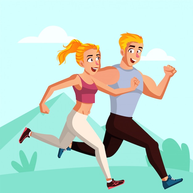 Vector pareja joven corre en la ilustración de la mañana