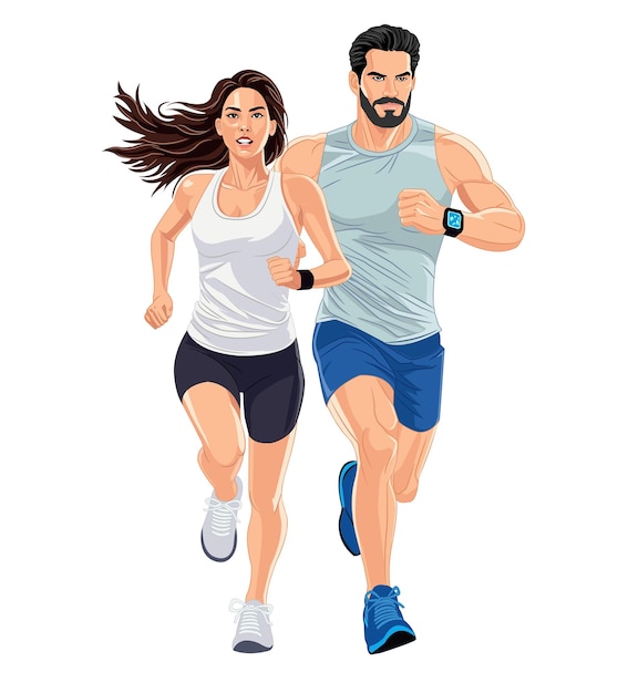 Una pareja joven corriendo juntos aislados en un fondo blanco