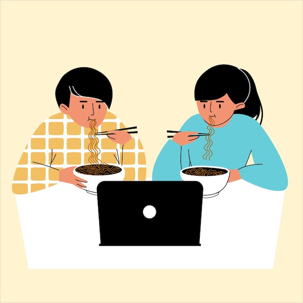 Una pareja joven de dibujos animados comiendo fideos ramen y viendo una serie de televisión en una computadora portátil la gente disfruta de una comida deliciosa mientras ve una película ilustración vectorial colorida en un fondo amarillo aislado