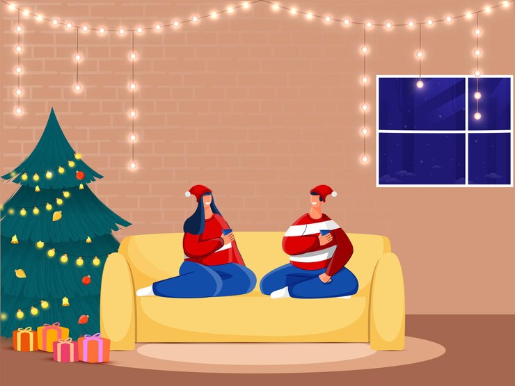 Vector pareja joven de dibujos animados disfrutando con bebidas en el sofá, cajas de regalo y árboles de navidad decorativos sobre fondo de pared de ladrillo marrón.