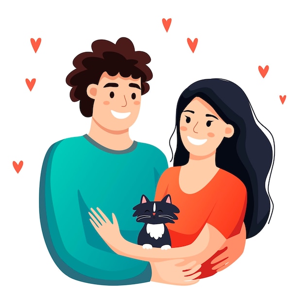 Una pareja joven enamorada está abrazando y sosteniendo un gatito en sus manos Personajes familiares de dibujos animados