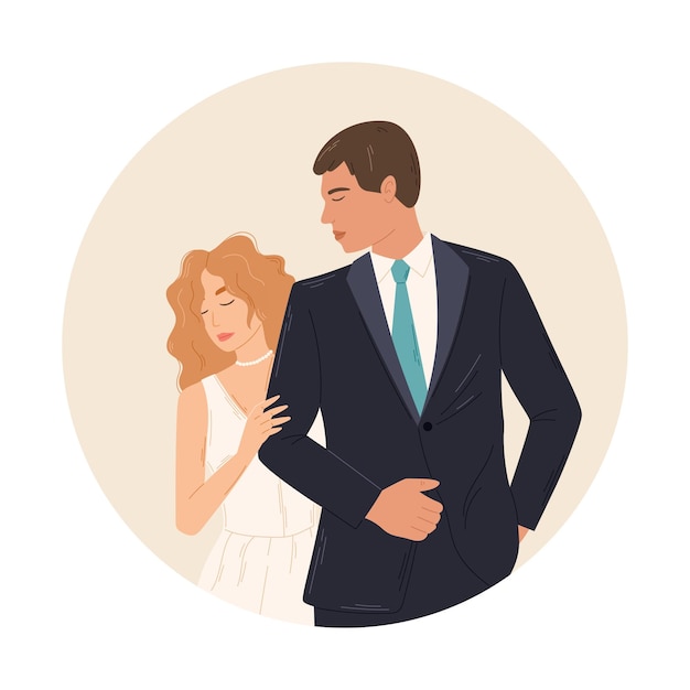 Vector pareja joven, enamorado, posición, novia y novio, ceremonia boda, de, un, mujer, en, un, vestido, y, un, hombre, en, un, traje, vector, aislado, plano, ilustración