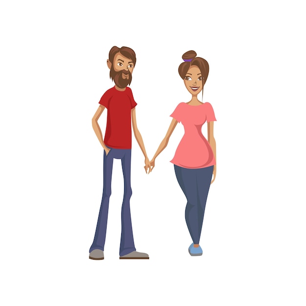 Pareja joven familia cogidos de la mano vector de dibujos animados coloridos familia feliz ilustración sobre un fondo blanco