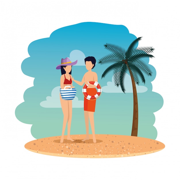 Pareja joven con flotador y bolso en la playa