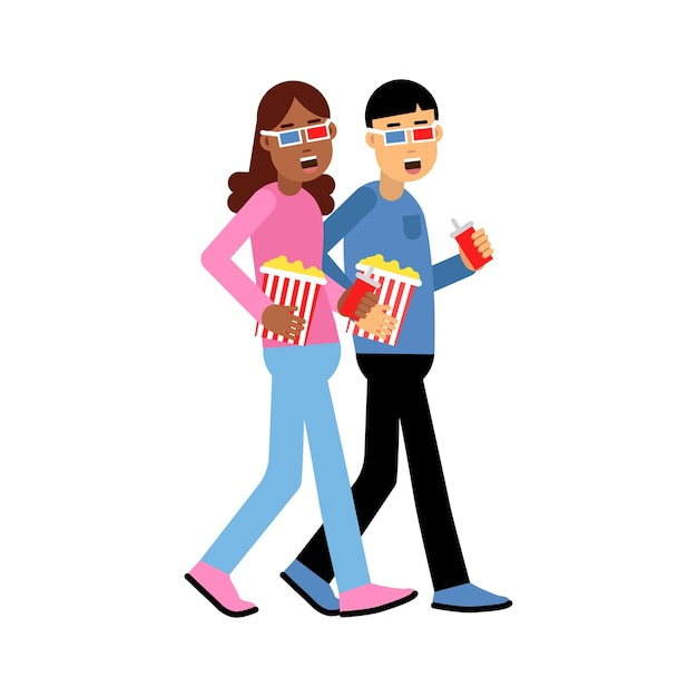 Pareja joven en gafas 3d con palomitas de maíz y refrescos yendo al vector de cine ilustración sobre un fondo blanco