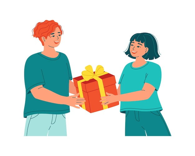 Pareja joven, hombre y mujer, con, un, caja de regalo