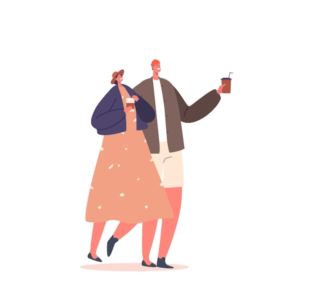 Pareja joven hombre y mujer caminando y bebiendo café juntos gente relajándose hablando disfrutando de una bebida sabrosa