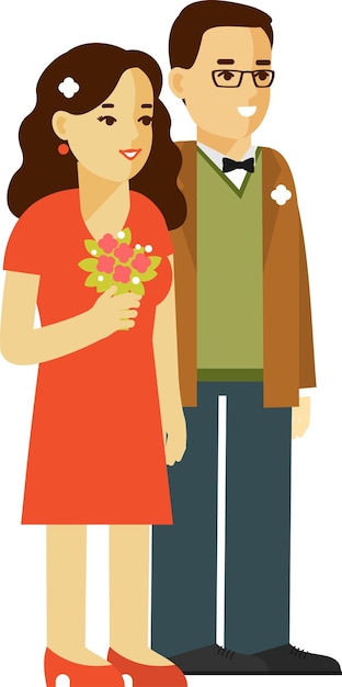 Vector pareja joven, hombre y mujer, en, elegante, ropa, posición, juntos