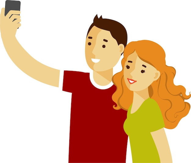 Vector pareja joven, hombre y mujer, teniendo, selfie