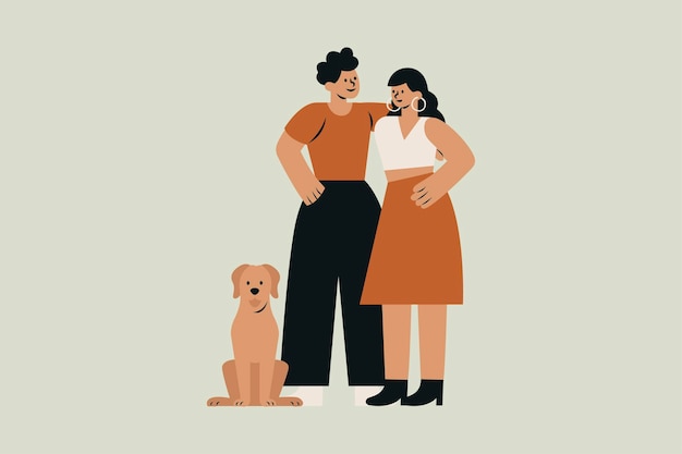 Una pareja joven con una ilustración vectorial de perros