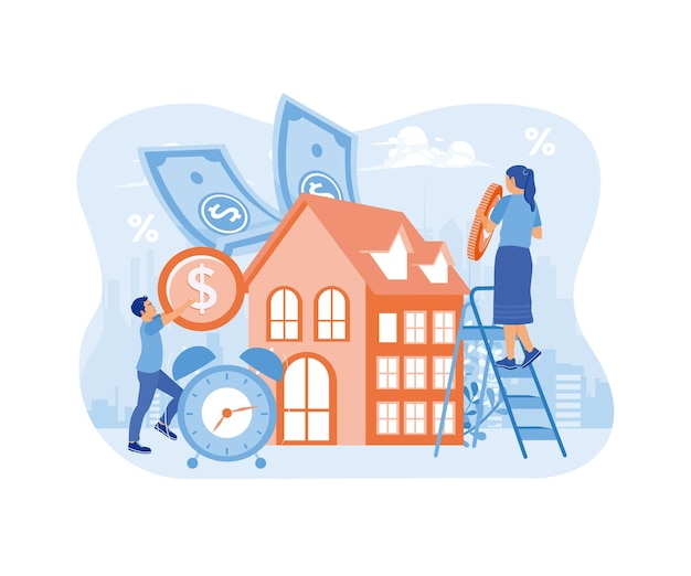 Una pareja joven invierte dinero para comprar una casa Concepto de préstamo bancario y ahorro Concepto de inversión inmobiliaria Ilustración vectorial plana